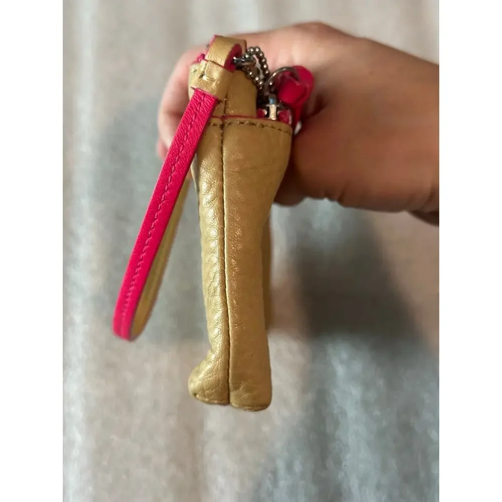 EUC Coach Bleecker Edgepaint Double Zip Leather Wallet Wristlet Camel Pink Ruby
